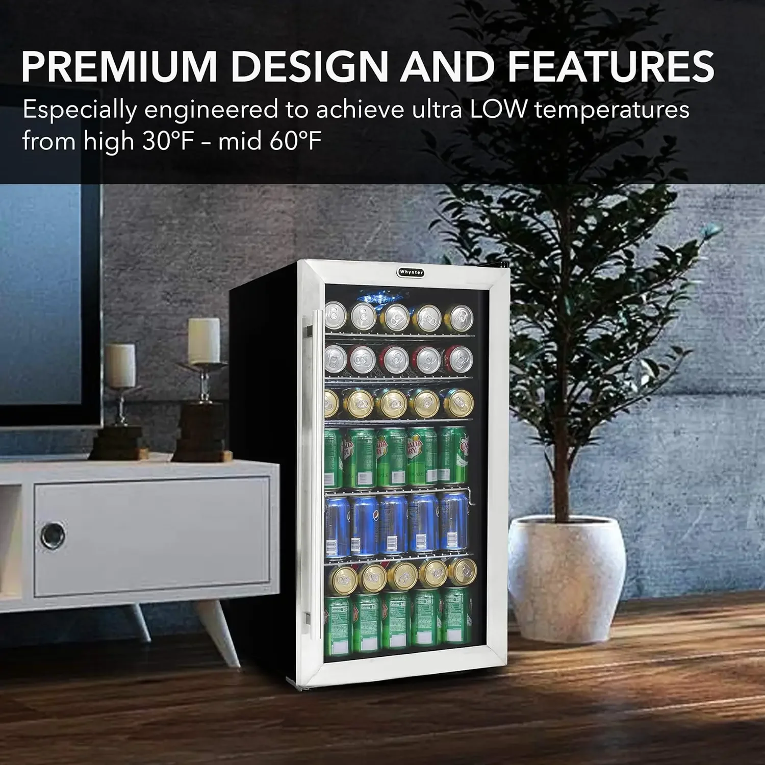 Refrigerador de bebidas con ventilador interno, acero inoxidable 120, capacidad de lata