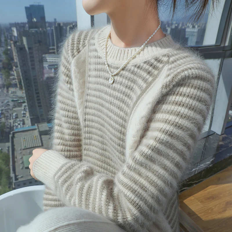 Addensare 100% puro visone cashmere maglione lavorato a maglia autunno donna girocollo jacquard pullover moda top a maniche lunghe di grandi dimensioni