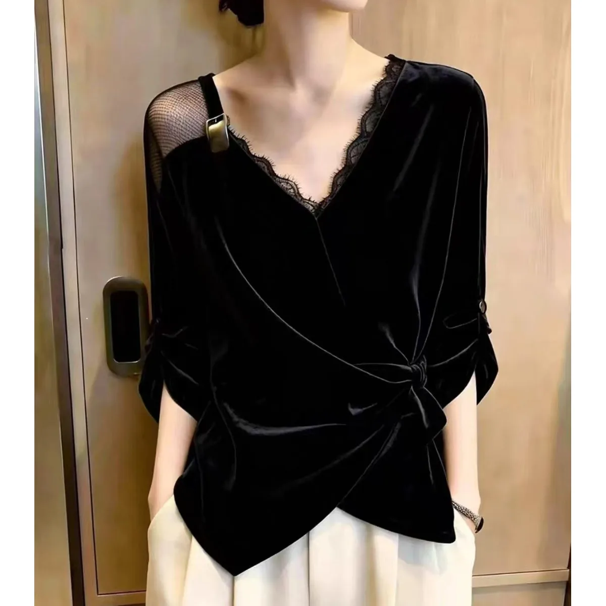 Elegant Black Velvet Lace-Up Neck Top Women's Fashionable Casual Style Polyester Fiber 100% Advanced Sensation Commute Wind