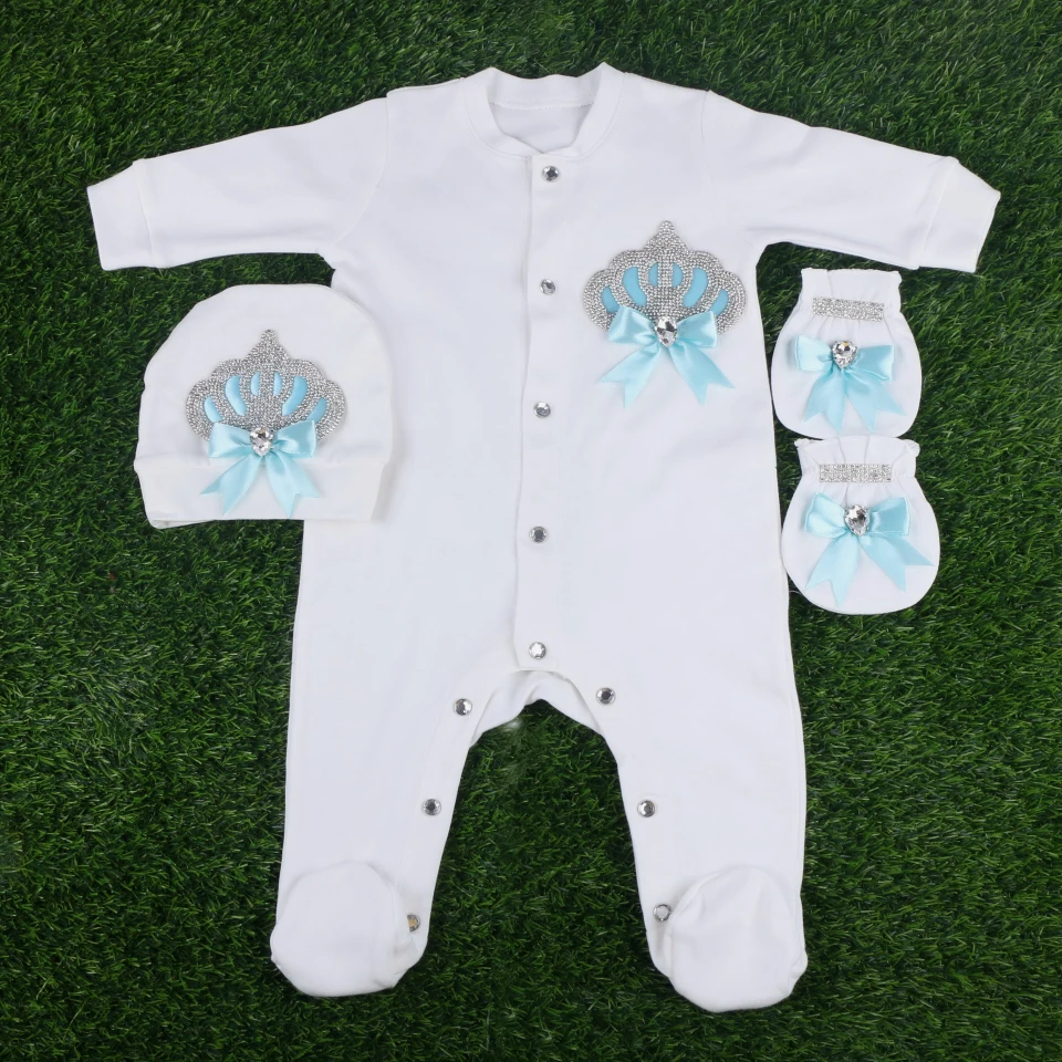 

For newborn baby crystal crown design cloths sets include rompers hat glove drop shipping