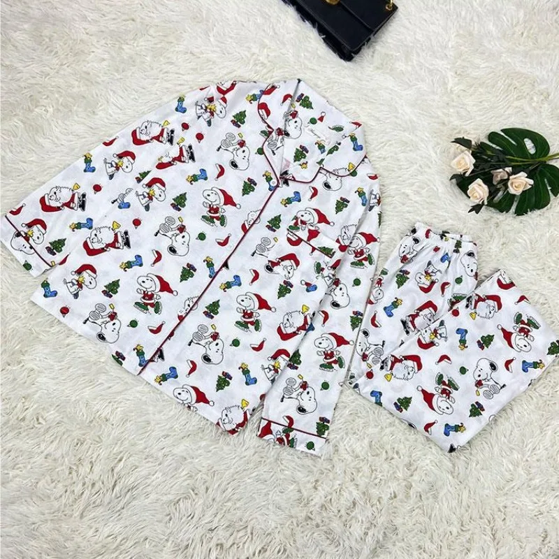 Snoopy Pajama Set Autumn Long Sleeve Pants Suit Cartoon Sleepwear Collar Cardigan Pyjamas Women Cute Nightgown Xmas Homewear