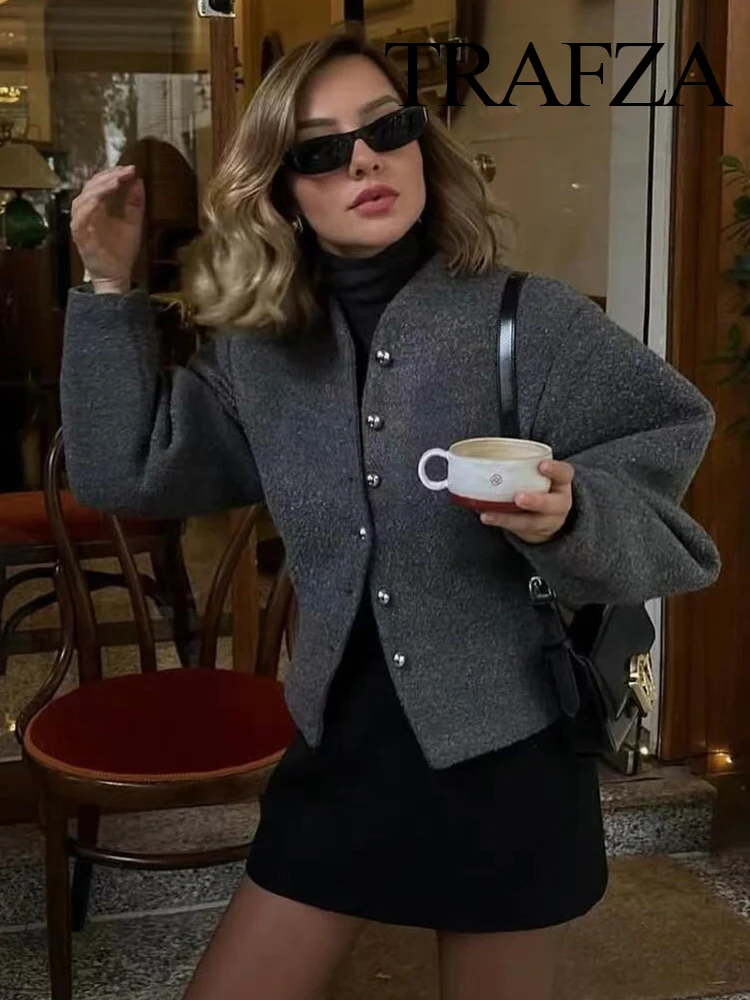 

TRAFZA Women's Autumn Fashion Versatile Single-breasted Long Sleeves Jackets Female Simple Elegant Casual 2-Colors Short Coats