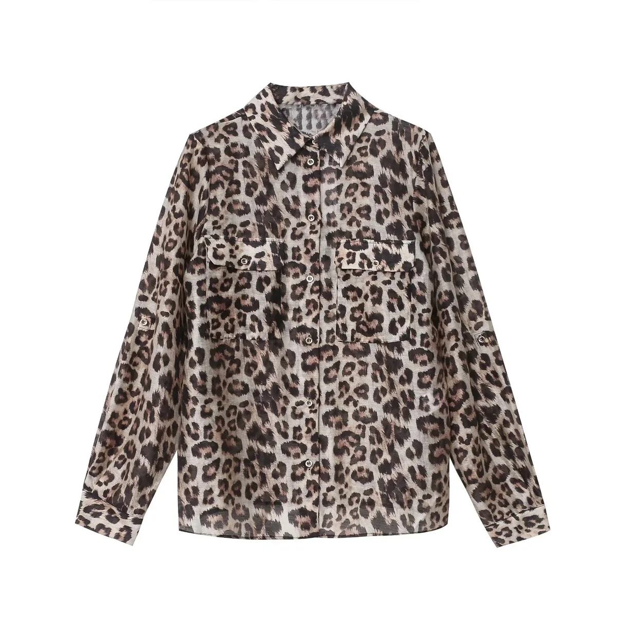 Leopard print shirt with pocket decoration for fashionable temperament single-breasted top new