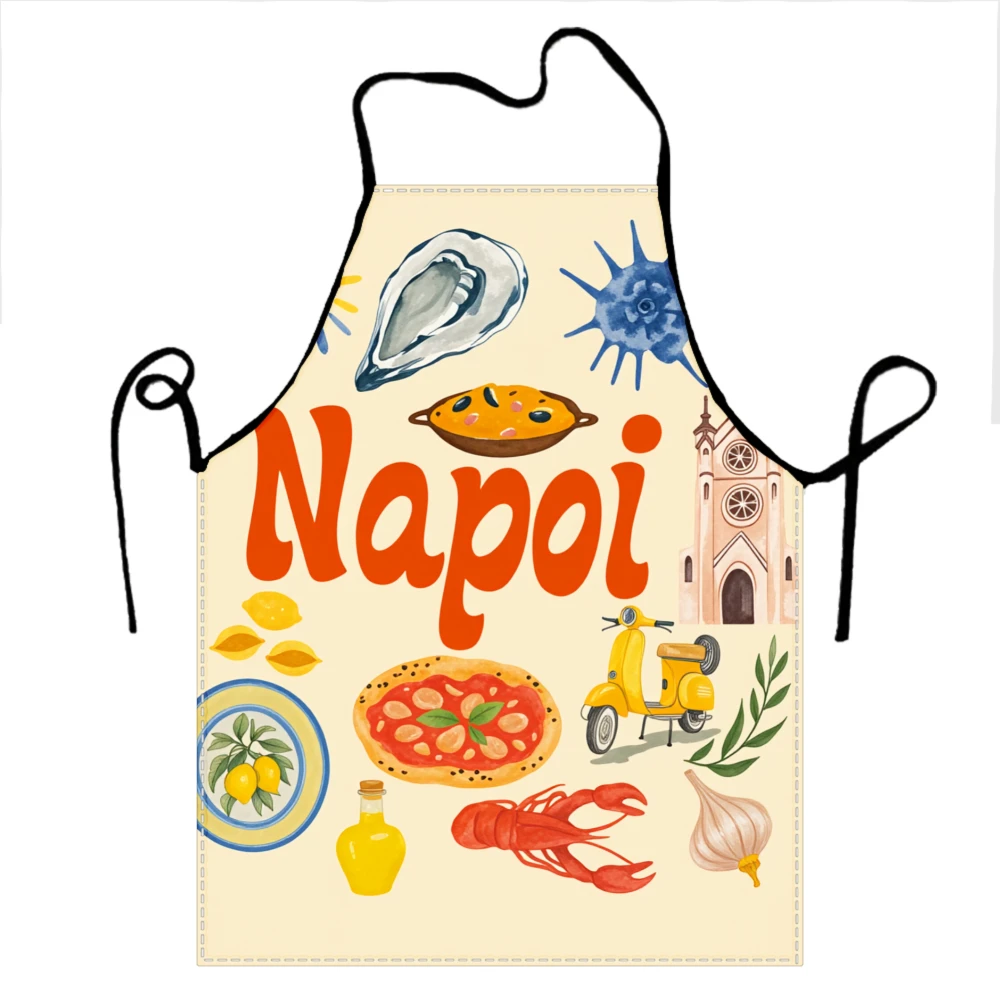 Avental com tema de Nápoles com design de pizza, frutos do mar e pontos turísticos italianos para cozinhar e uso na cozinha