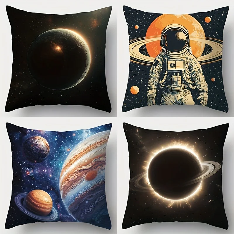 Space Astronaut Throw Pillow Covers, Planet Eclipse Galaxy Print Cushion Cases, Sci-Fi Outer Space Decor for Bedroom Living Room