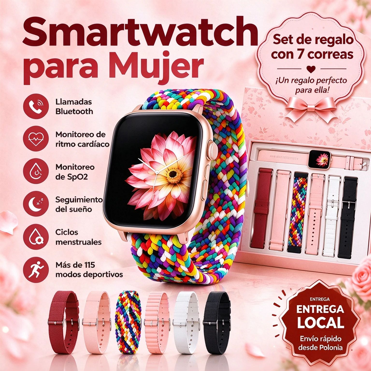 Reloj Inteligente Mujer Versión Actualizada Pantalla HD 1,83" 115+ Modos Deportivos, Ritmo Cardíaco, Sueño y Ciclo Menstrual, IP68