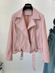 Pink Short Faux Leather Jacket Women's Small 2024 Spring Easy To Match Casual Biker Jacket High Street Cool American Fashion