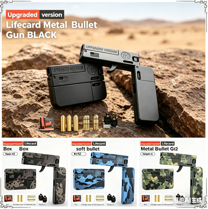 New Upgraded Metal Folding Toy Gun with Soft Bullets, Alloy Lifecard Pistol Model for Adults & Kids