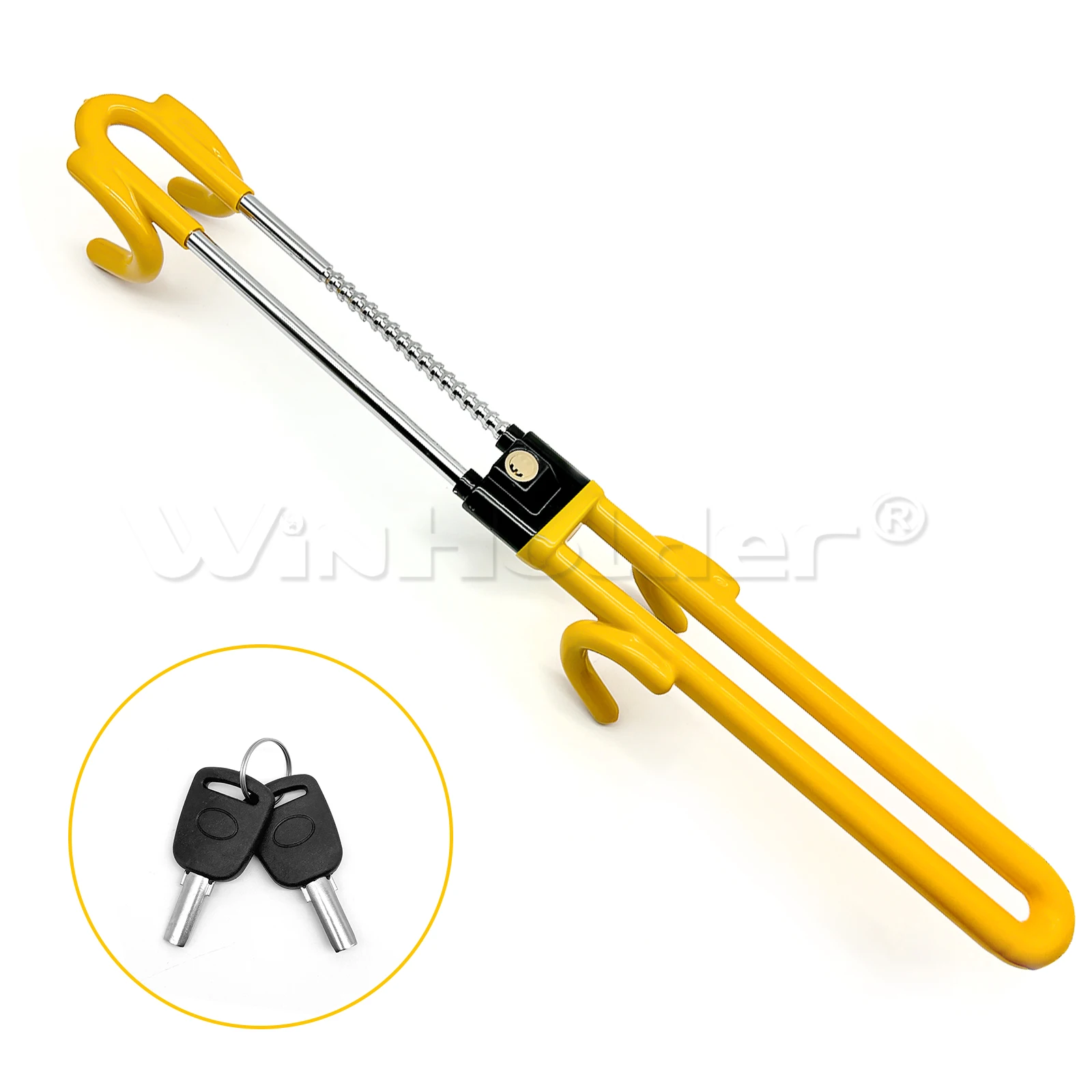 قفل عجلة القيادة مضاد للسرقة، جهاز سيارة آمن عالي التحمل، مشبك بطول قابل للتعديل، أقفال خطافية مزدوجة، مقاس عالمي (أصفر)
