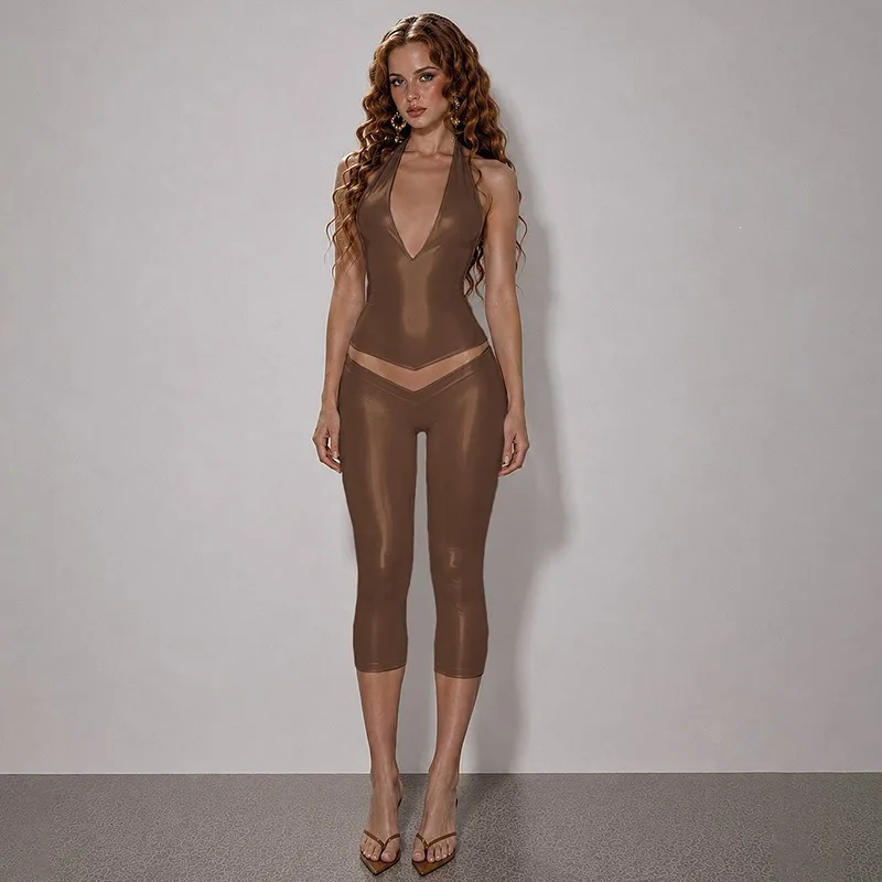 Women Shiny Metallic Gilding Slim Fit 2 Piece Set Sexy V-neck Halter Backless Tank Top + Low Waist Skinny Calf Length Pants Suit