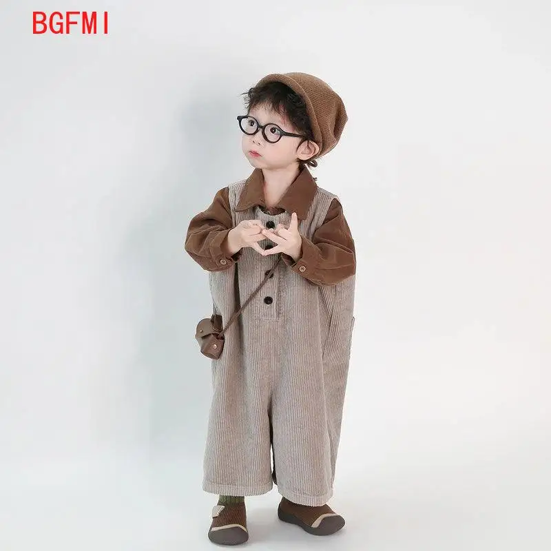 

Kids Cargo Pants Boys Girls Maillard Korean Spring Autumn Children's Corduroy T-shirt+ Loose Overalls 2pcs Set Kids Jumpsuit