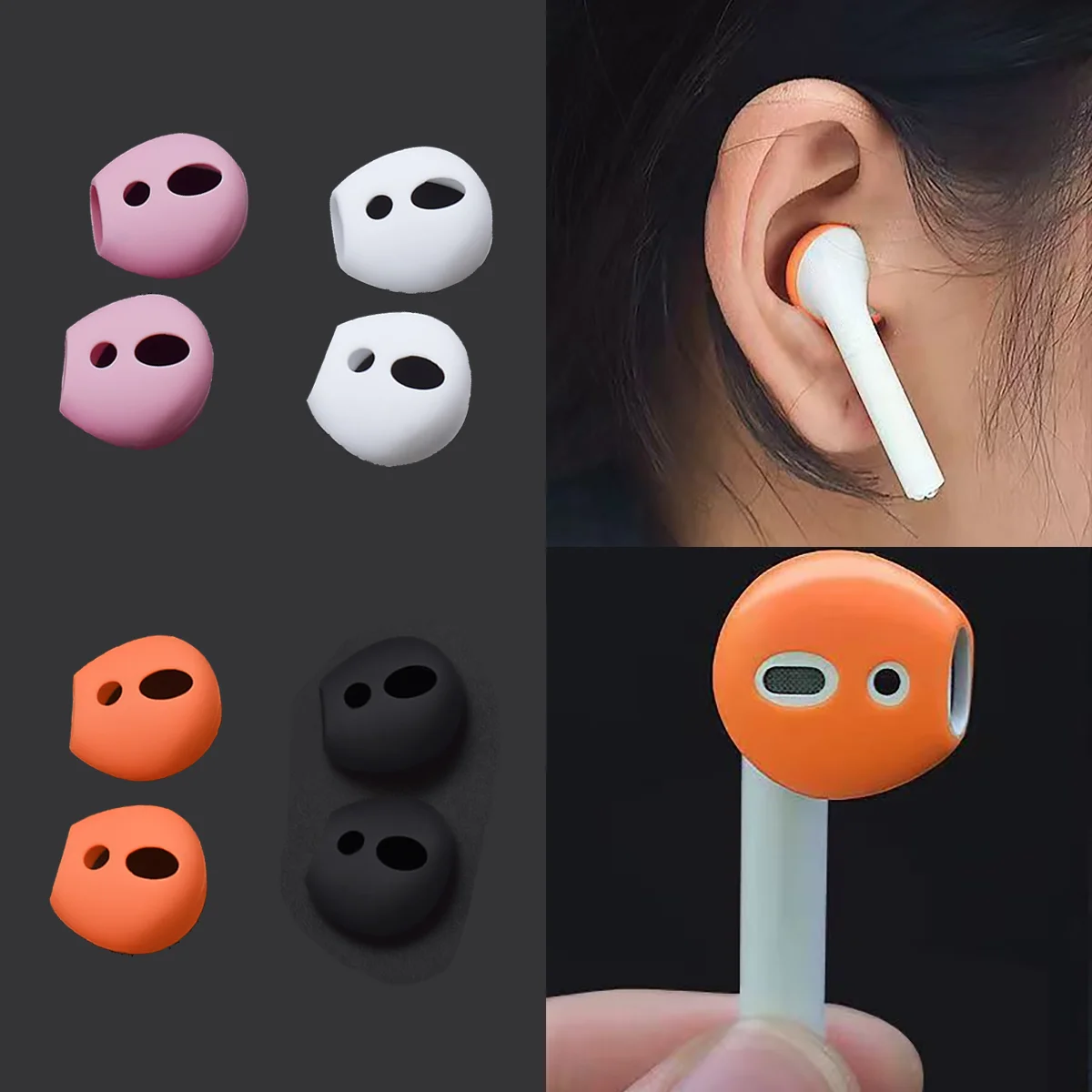Lot de 4 paires/8 pièces de capuchons d'écouteurs de couleurs assorties (2 blancs + 2 noirs + 2 roses + 2 oranges) adaptés aux AirPods 1ère et 2ème génération, capuchons d'écouteurs en silicone ultra-fins, housses en silicone ultra-fines Pg pour écouteurs pouvant s'adapter à l'étui de chargement, capuchons d'écouteurs qui n'altèrent pas l'ouverture et la fermeture, ensemble économique et abordable.