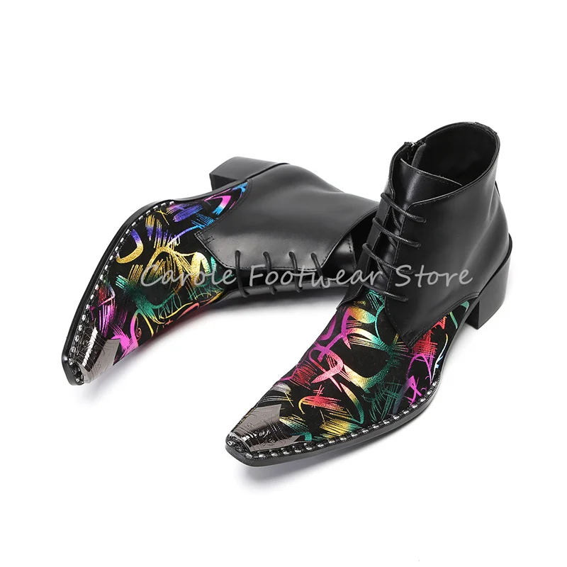 

High Top Metal Pointed Toe Lace-Up Boots for Men Handmade Mixed Color Genuine Leather Ankle Boots Male Wedding Party Dress Boots