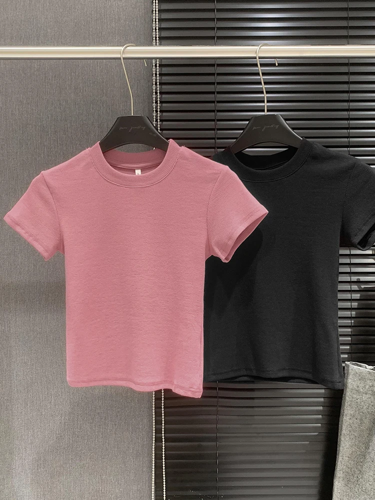 Summer New Pure Color Ribbed Short Sleeve T-Shirt Women's round Neck Short Base Small Top Euro Style Commute Simple Fit Youth