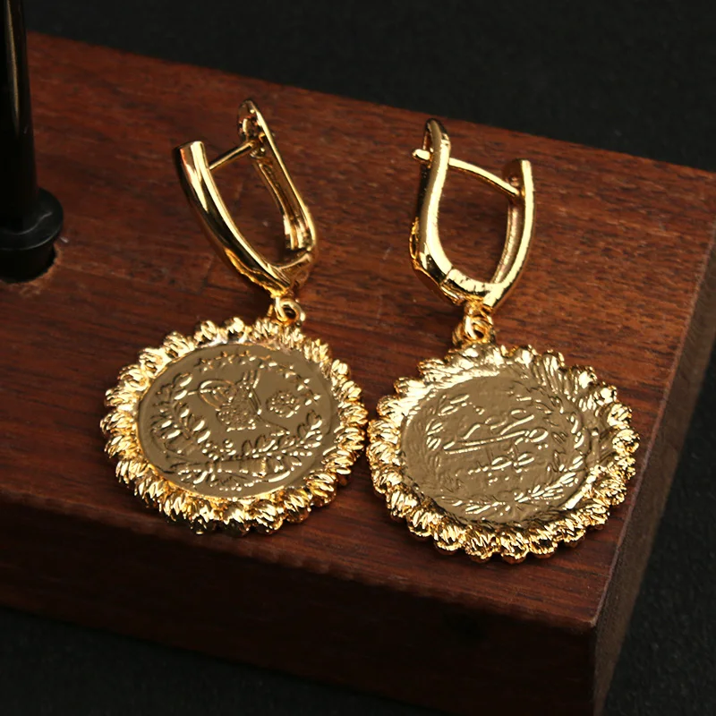 New Turkish Coin Dangle Earrings Gold Plated Ehtnic Wedding Jewelry Round Drop Earrings Middle East Arabic Bridal Earring