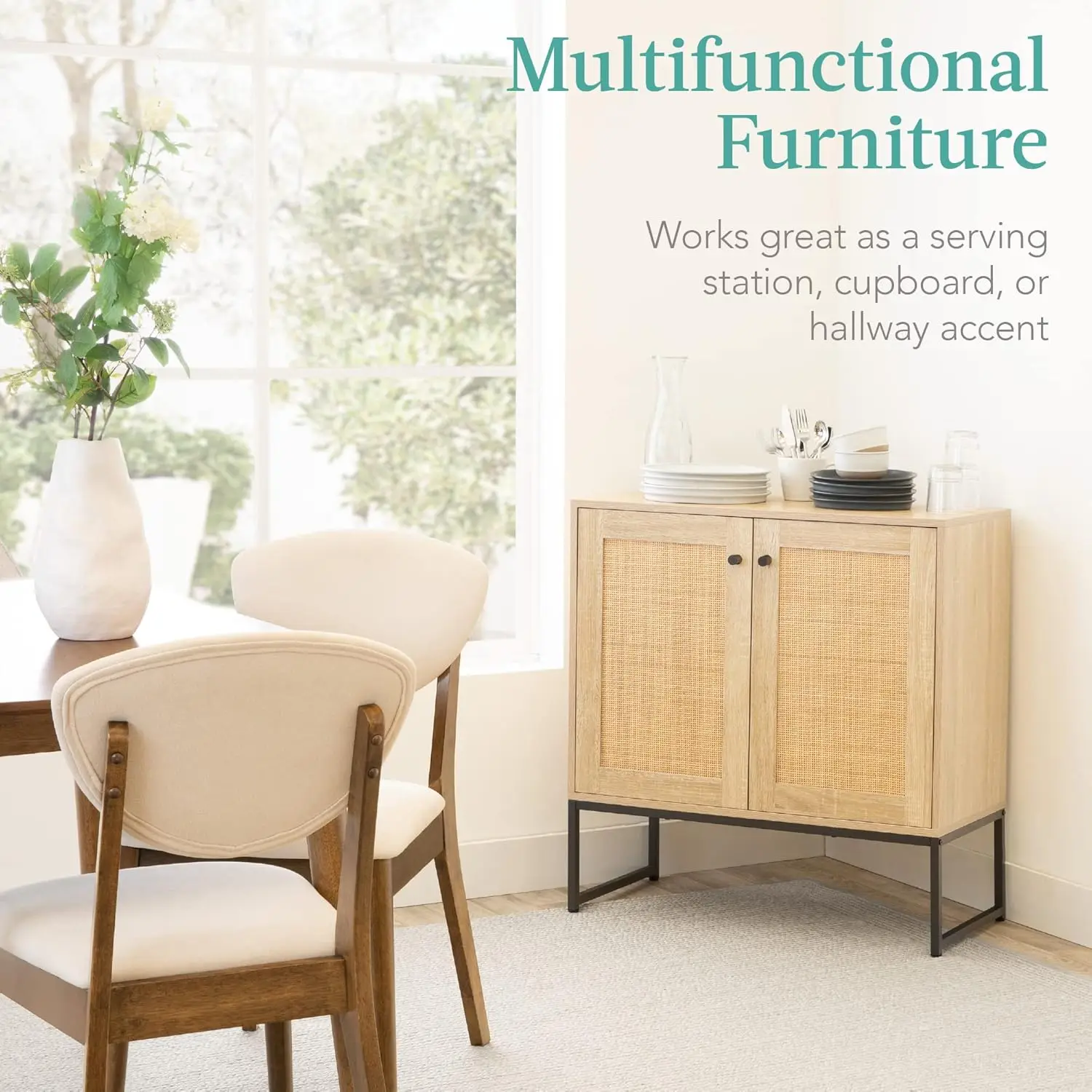 2-Door Rattan Storage Cabinet, Accent Furniture, Multifunctional Cupboard for Living Room, Hallway, Kitchen, Sideboard