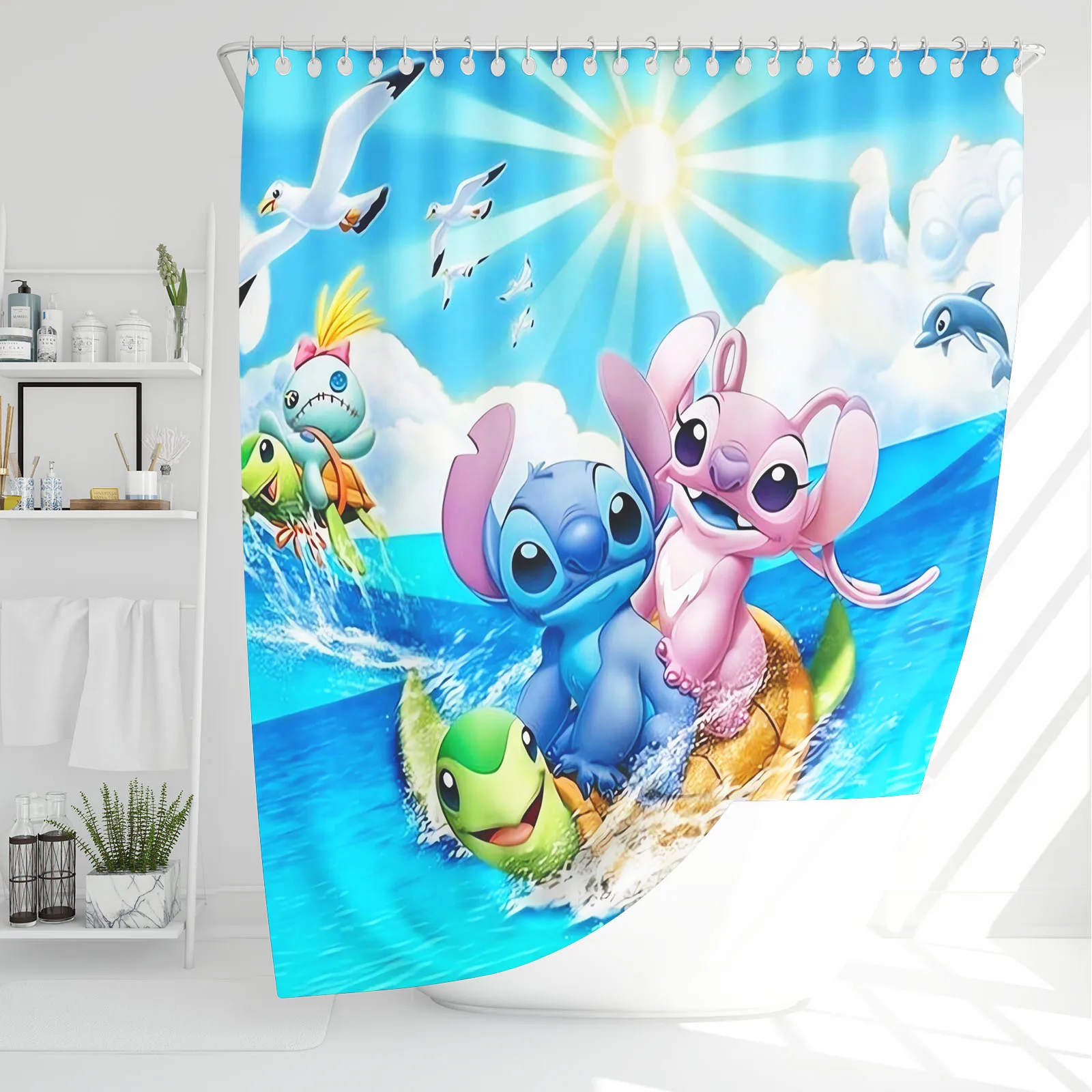 Stitch Shower Curtain Cartoon Disney Polyester Cute Bath Set Screen Sets Setluxury Funny Hook Up Bathroom Accessories