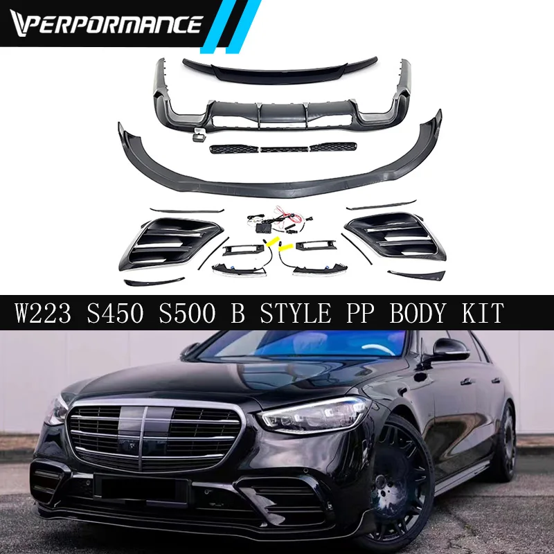 S Class W223 S450 S500 2021year B Style PP Body Kit Of Front Lip Front Light Cover With LED Rear Lip With Exhaust Tips Rear Wing