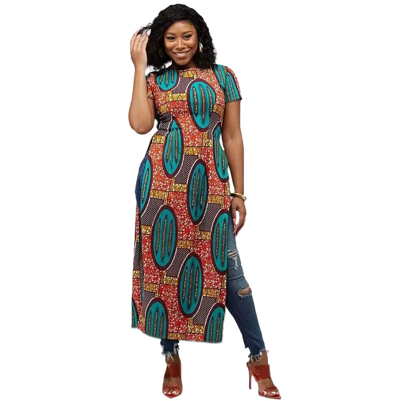 

Original Design African Print Women’s O-neck Dress High Slit Tailored Traditional Festival Summer Gown Party Wear