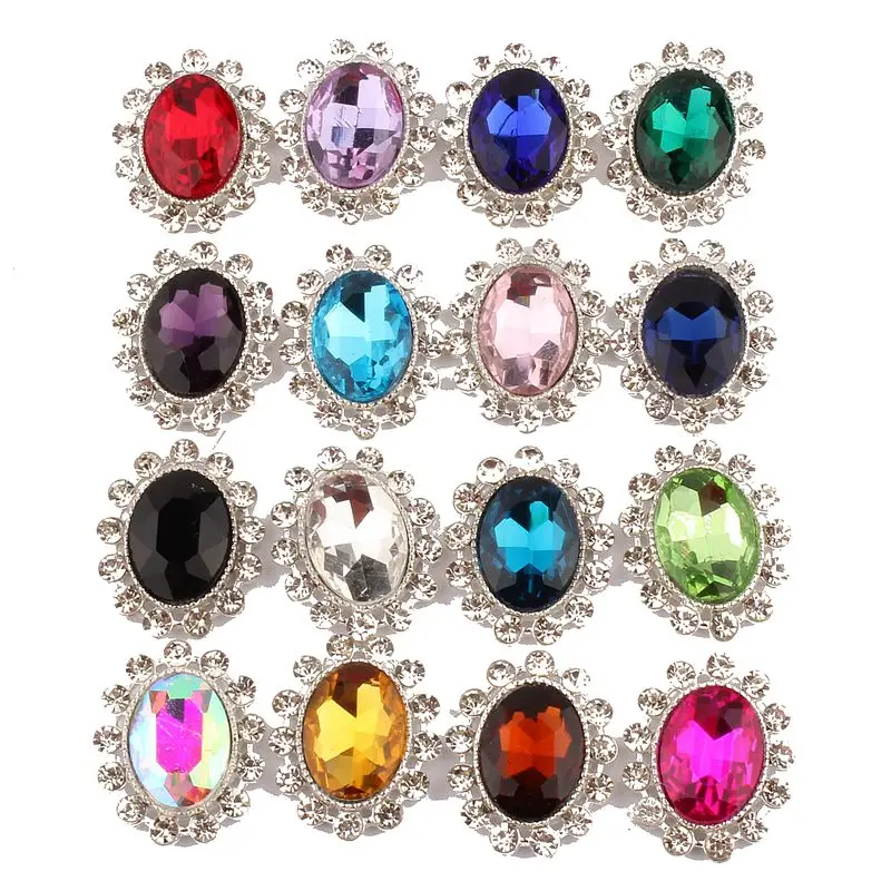 10PCS 22*27MM Newborn Chic High Quality Shiny Silver Plated Flatback Rhinestone Buttons For Headbands Flowers Center Accesorries