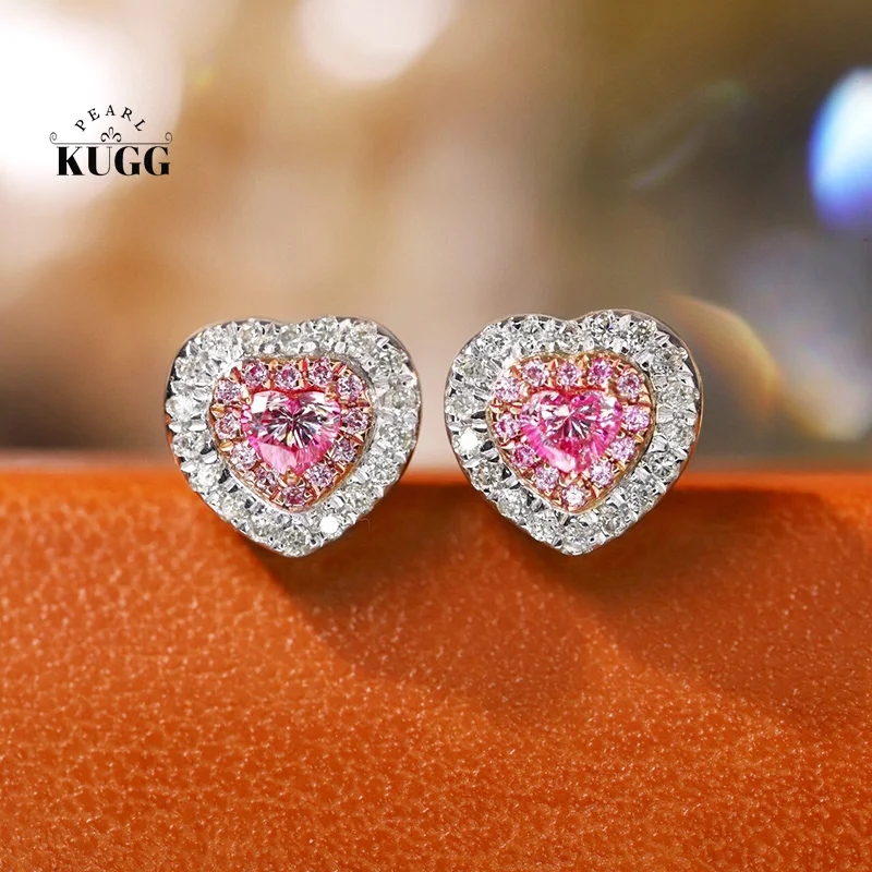 KUGG 100% 18K White Gold Earrings Romantic Heart Shape Real Natural Pink Diamond Stud Earrings for Women High Wedding Jewelry