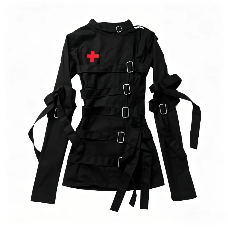 Dark Subculture Red Cross Design Bondage Strapbuckle Jackets Women Gothic Zip Up Flare Long Sleeve Tops Y2k Aesthetic Outerwear