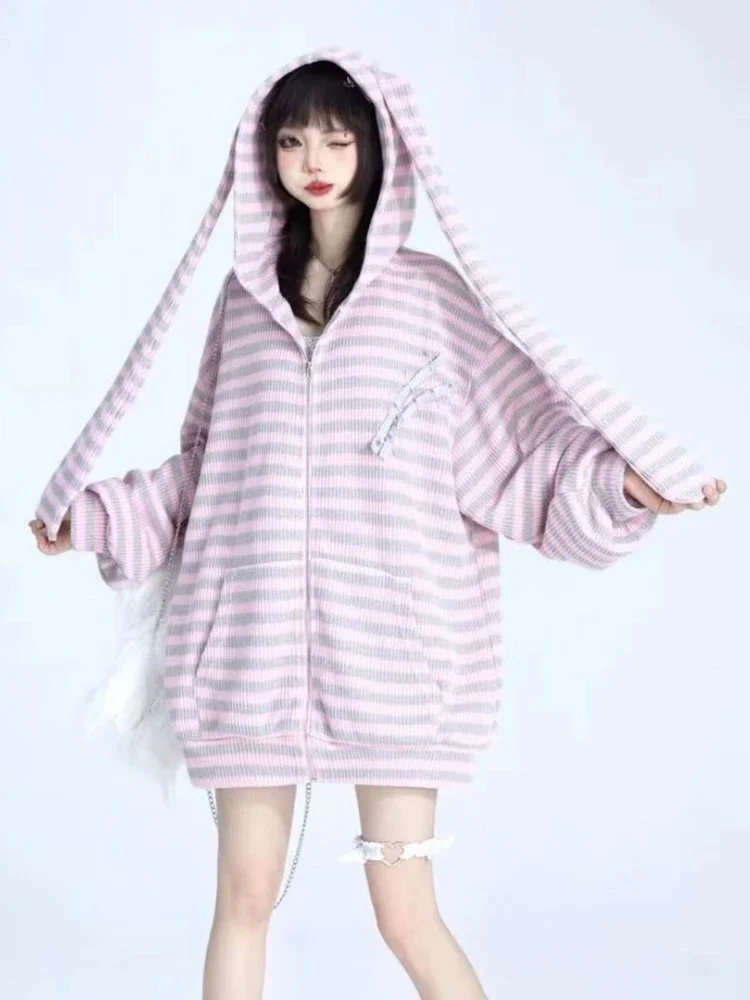 QWEconvex-Cardigan Harajuku Kawaii pour Fille, Manteau à Fermeture Éclair, Mignon, Rayé, Oreille de Lapin, Doux, Mode Japonaise, Y2k, 2023 Y-