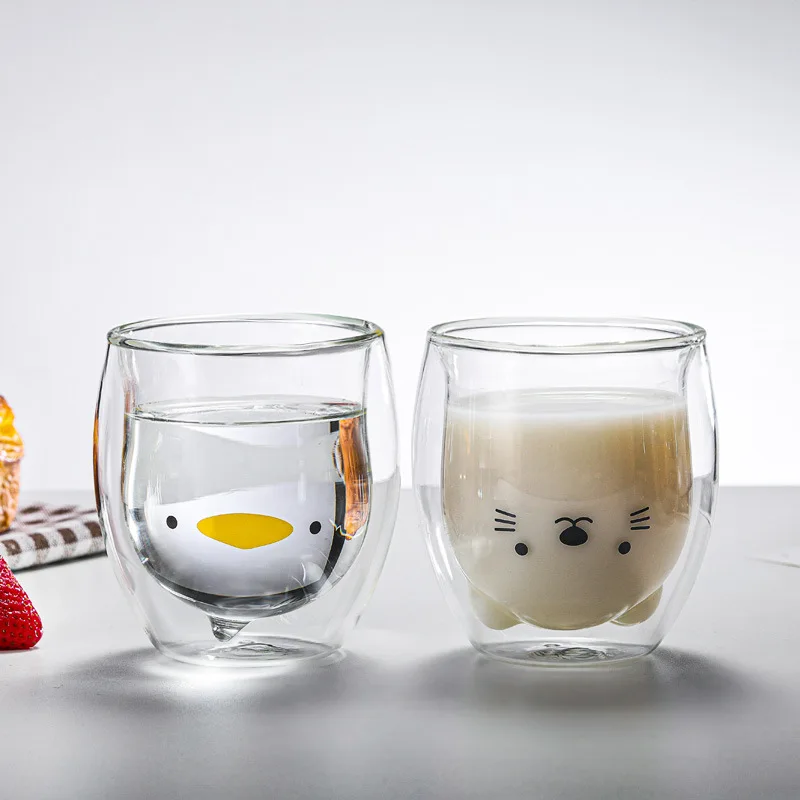 Double-layer Glass Cute Pig Lucky Cat Cartoon Animal Coffee Cup Anti-scalding Breakfast Milk Cups Funny Mugs Gift for Friend Kid