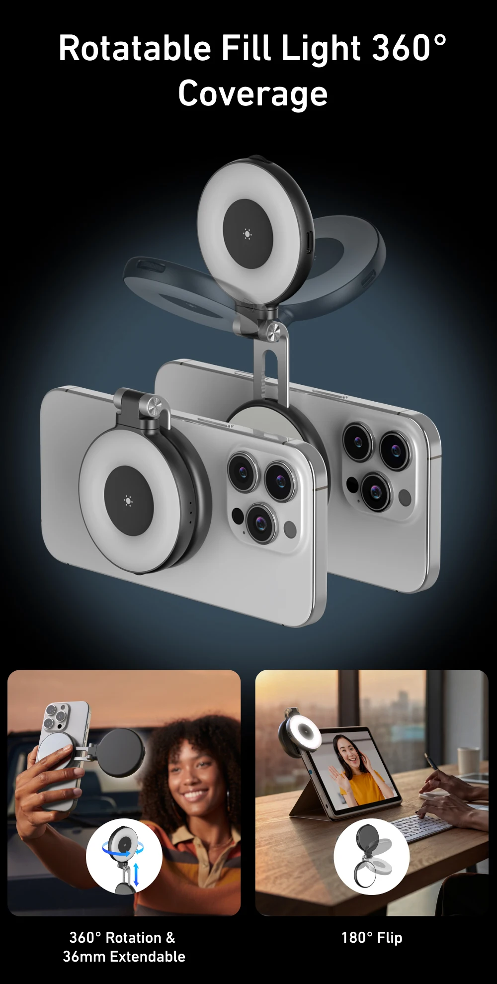 TELESIN Smartphone Magnetisches Fülllicht Mini-Selfie-Licht 3 Modi Einstellbare Helligkeit für iPhone XIAOMI HUAWEI SAMSUNG Telefon – Detail 2