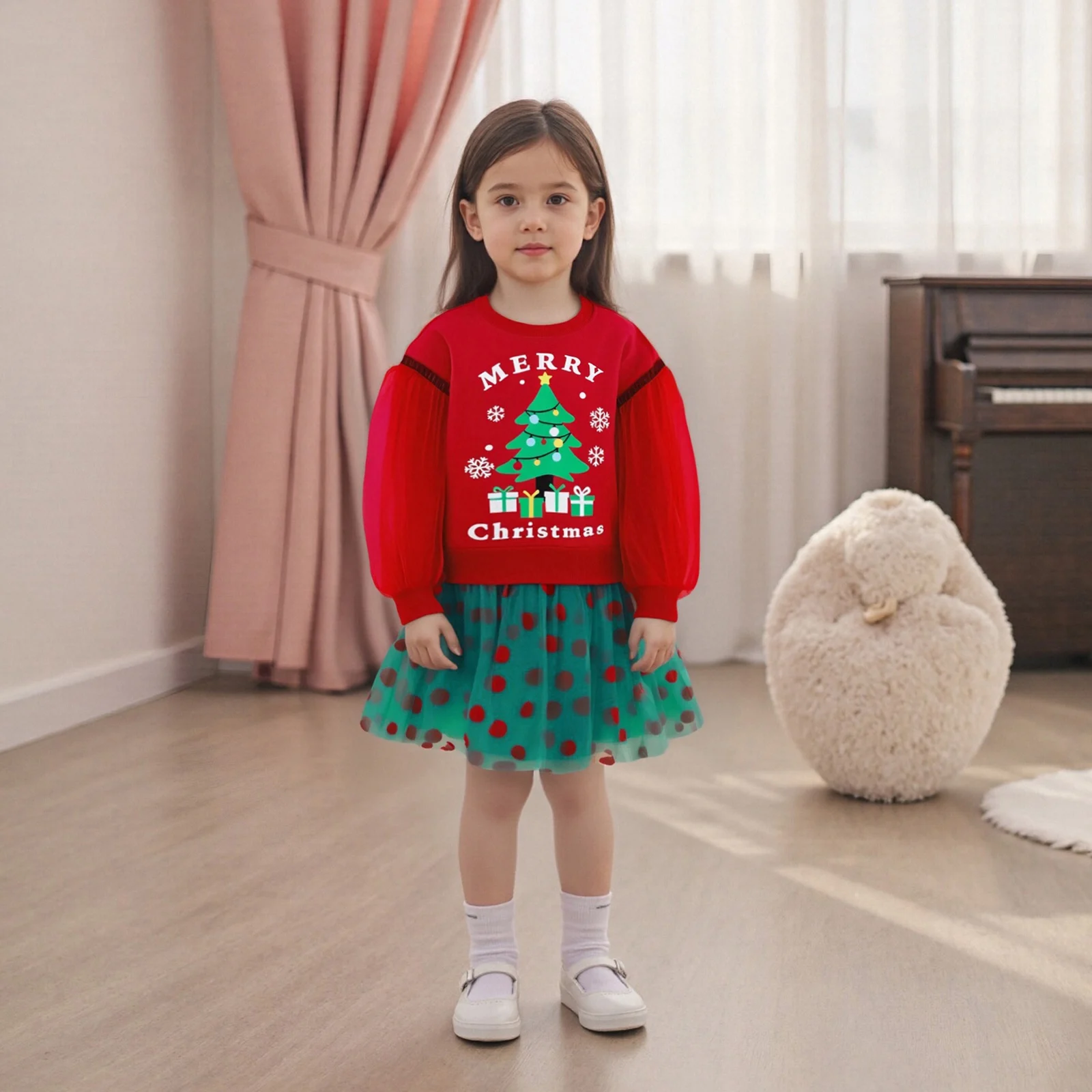 

Сетчатая юбка для маленьких девочек, костюм из 2 предметов, костюм для рождественской елки для малышей, толстовка с длинными рукавами и принтом в горошек, сетчатая юбка, наряды