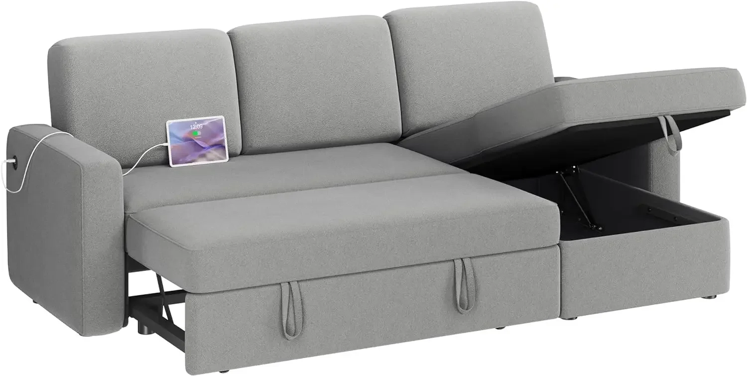 Sectional Sofa Couch Bed W/Chaise & USB, Reversible Couch Sleeper W/Pull Out Bed & Storage Space, Pull Out Couch