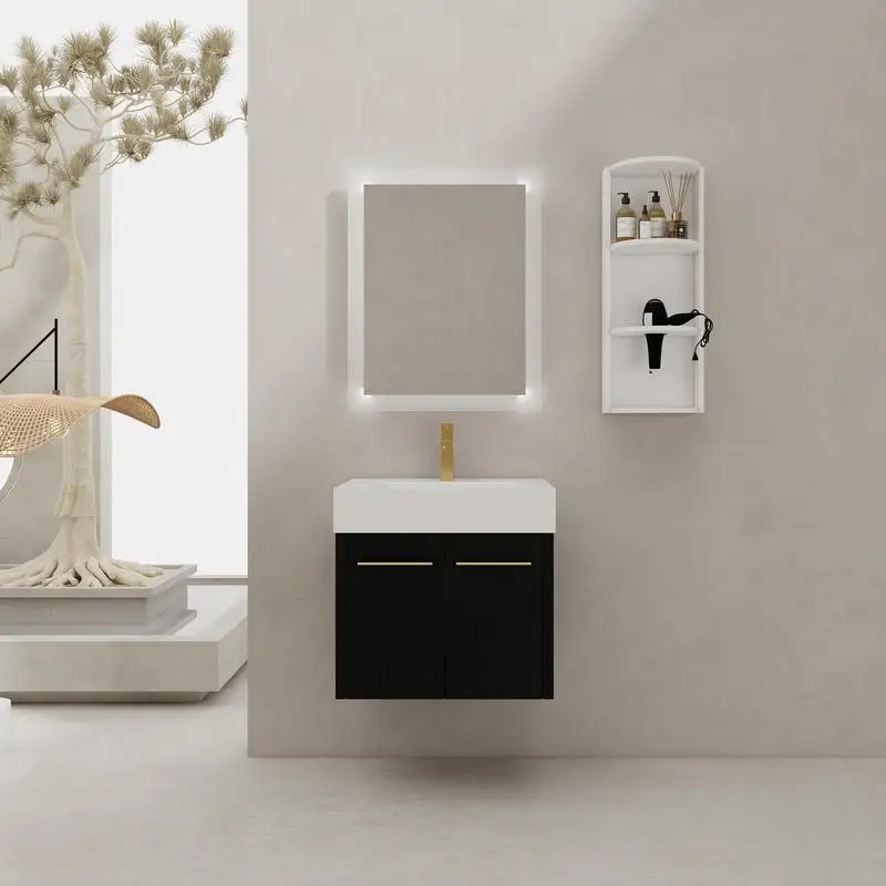 

24" Wall-Mounted Bathroom Vanity with Sink & Storage Rack, Thick Edge Resin Basin, KD Package