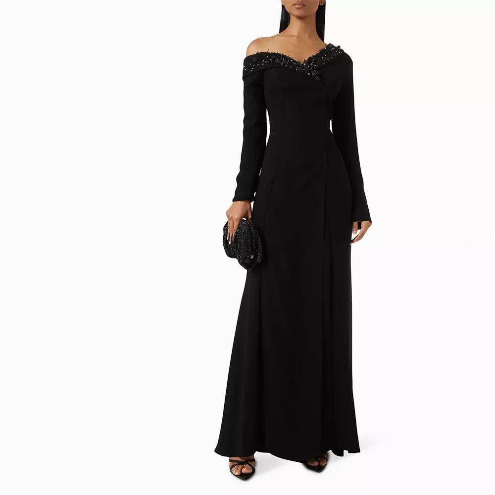 فساتين سهرة طويلة مخصصة أنيقة مناسبة رسمية قبالة الكتف فساتين حفلات سوداء جيرسي طول الكاحل فساتين حفلة موسيقية