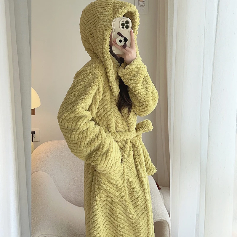 Nightgown Women\'s Autumn Winter Coral Fleece Robe Nightwear Long Plush Thickened Sweet Bathrobe Warm Flannel Home Wear Sleepwear