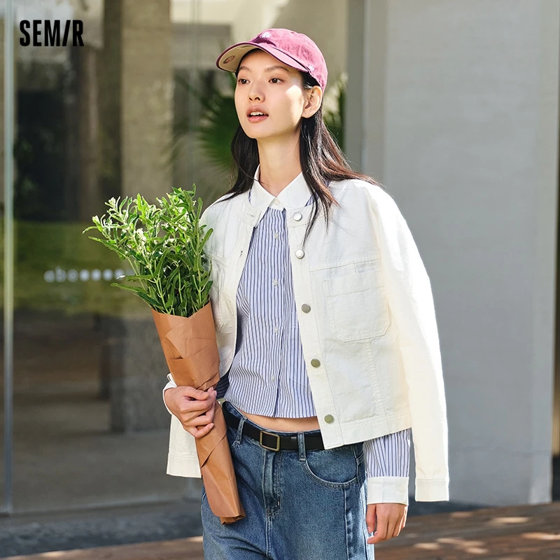 Semir 2024 Denim Jacket Women Short Style Small And Taller Spring New Retro Round Neck Jacket Casual And Versatile Coats