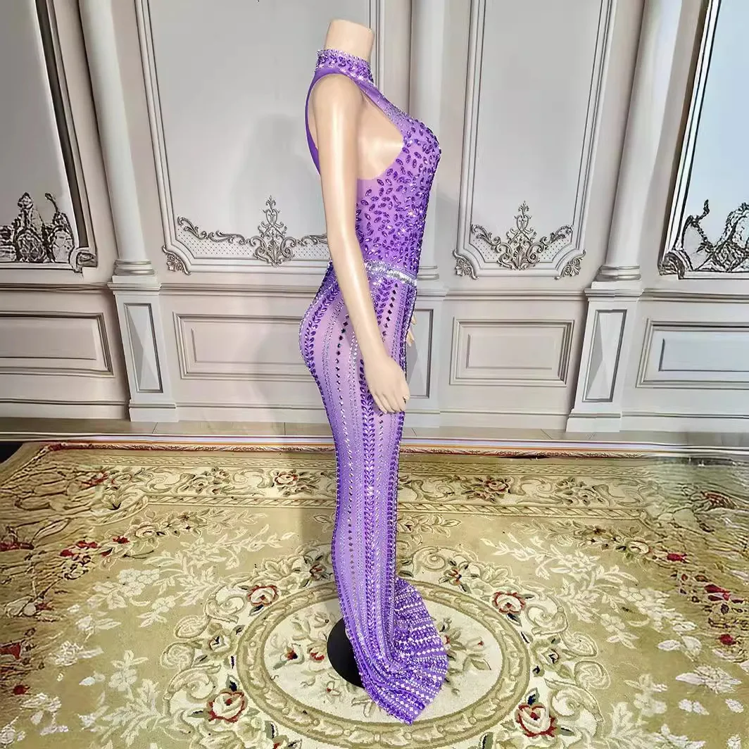 Abito da festa lungo senza maniche di grandi dimensioni con strass argento lucido sexy - Collo a coda di pesce, abiti decorati con cristalli di design avvolgente sui fianchi