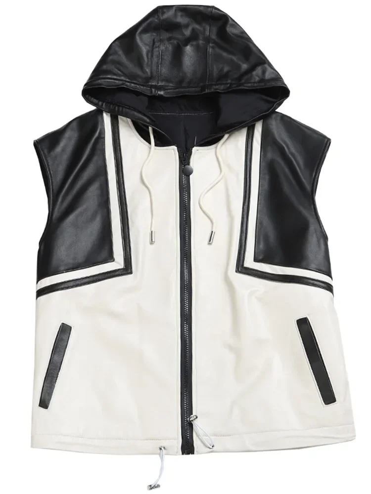 Gilet in vera pelle di tagikistan per donna giacche in pelle allentata giacca in pelle di montone senza maniche 2023 cappotti corti Casual con cappuccio