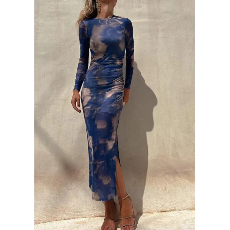 Autumn New Mesh Sexy Printed Women\'s Long-sleeved Dress Simple Lace Fashion Slim Stretch Women\'s Party Nightclub Dress