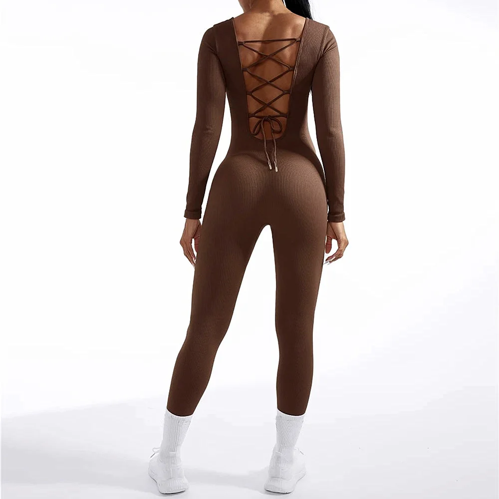 New Bandage Women One Piece Jumpsuit Long Sleeve Tops Sportwear Gym Legging Cycling Body Building Bodysuit Female Activewear