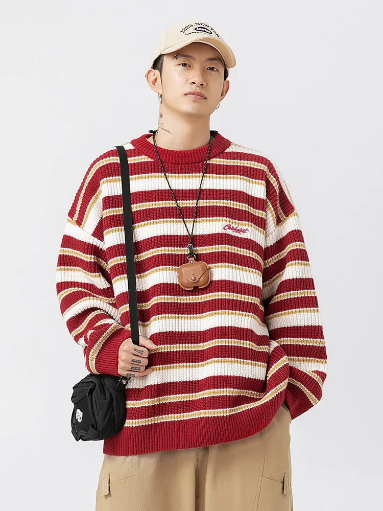 Striped Heavyweight Men's Sweater Autumn Winter Vintage Couple Contrast Color Japan Style O-Neck Knitwear Loose Casual Pullover