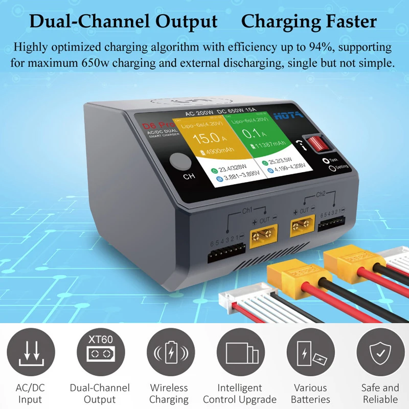 HOTA D6 Pro AC 200W DC 650W 15A D6 DC 2X325W 2X15A Charger With Wireless Charging for 1-6S Lipo LiHV/NiZn/Nicd/NiMH Battery