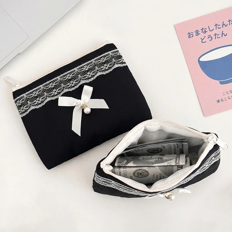 Light luxury French black lace pearl bow pencil case women's exquisite stationery cosmetic bag change bag data storage bag