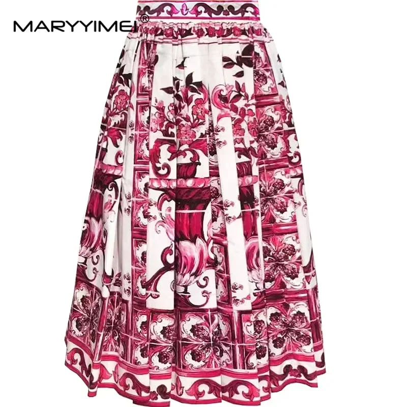 

Gedivoen Fashion New Summer Fashion Women's Rose Floral-Print Casual High quality Cotton Pleated Skirt