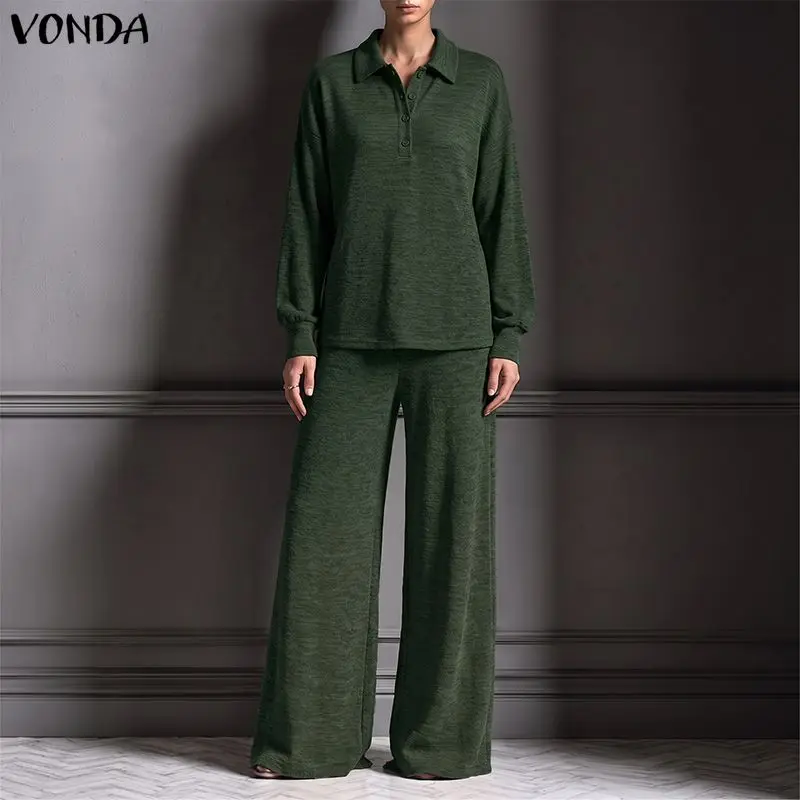 Casual VONDA 2PCS Autumn Women Pant Sets Knit Two-piece Outfits Turn-down Collar Long Sleeve Tops Wide Leg Pants Matching Sets
