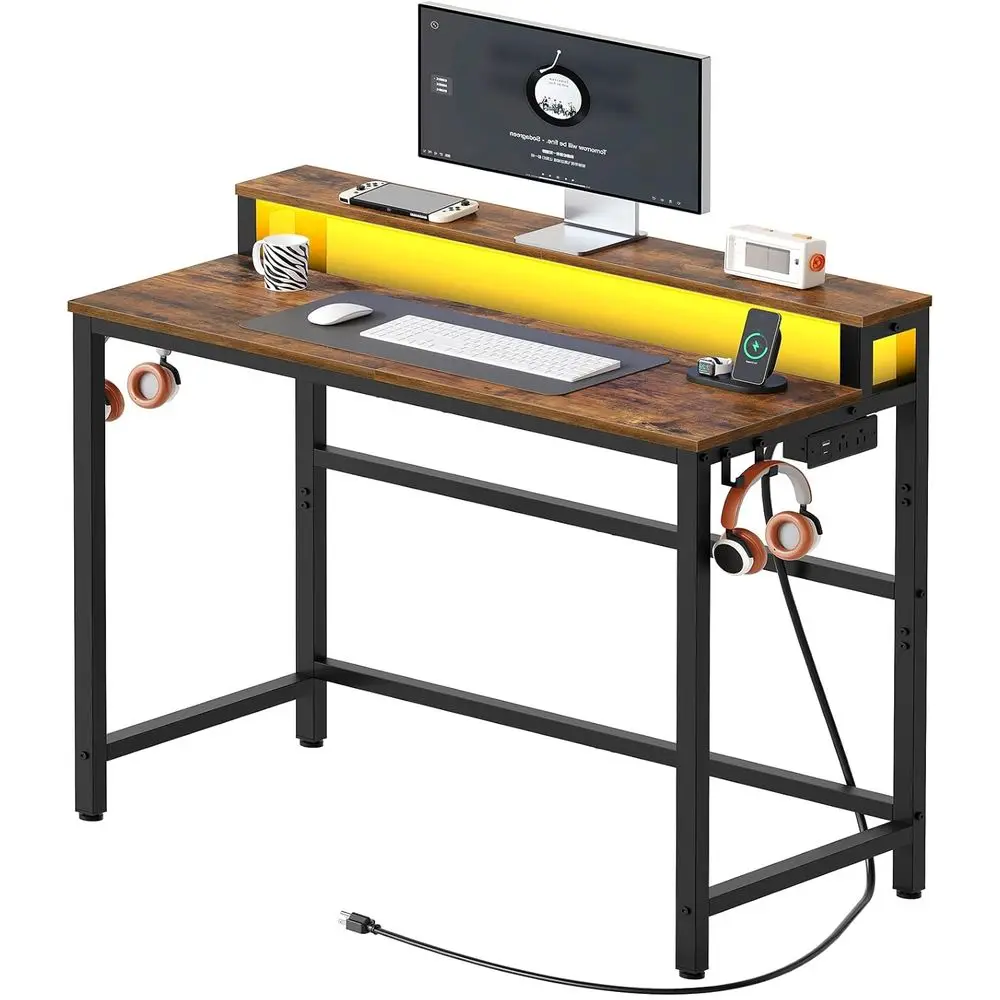 

Small Computer Desk with Charging Station and LED Lights, Gaming Desk with Monitor Stand, 2-Tier Home Oice Desk with 4 Side Hook