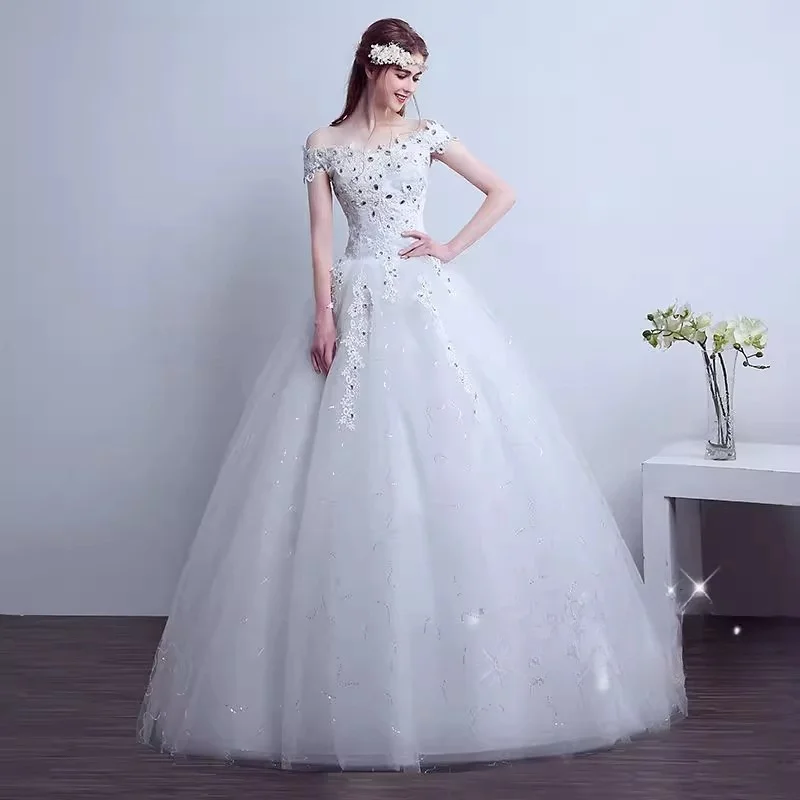 É Yiiya-cristal fora dos vestidos de casamento ombro, Lace Up Bling, lantejoulas, princesa, andar de comprimento, plus size, vestidos de baile noiva, branco