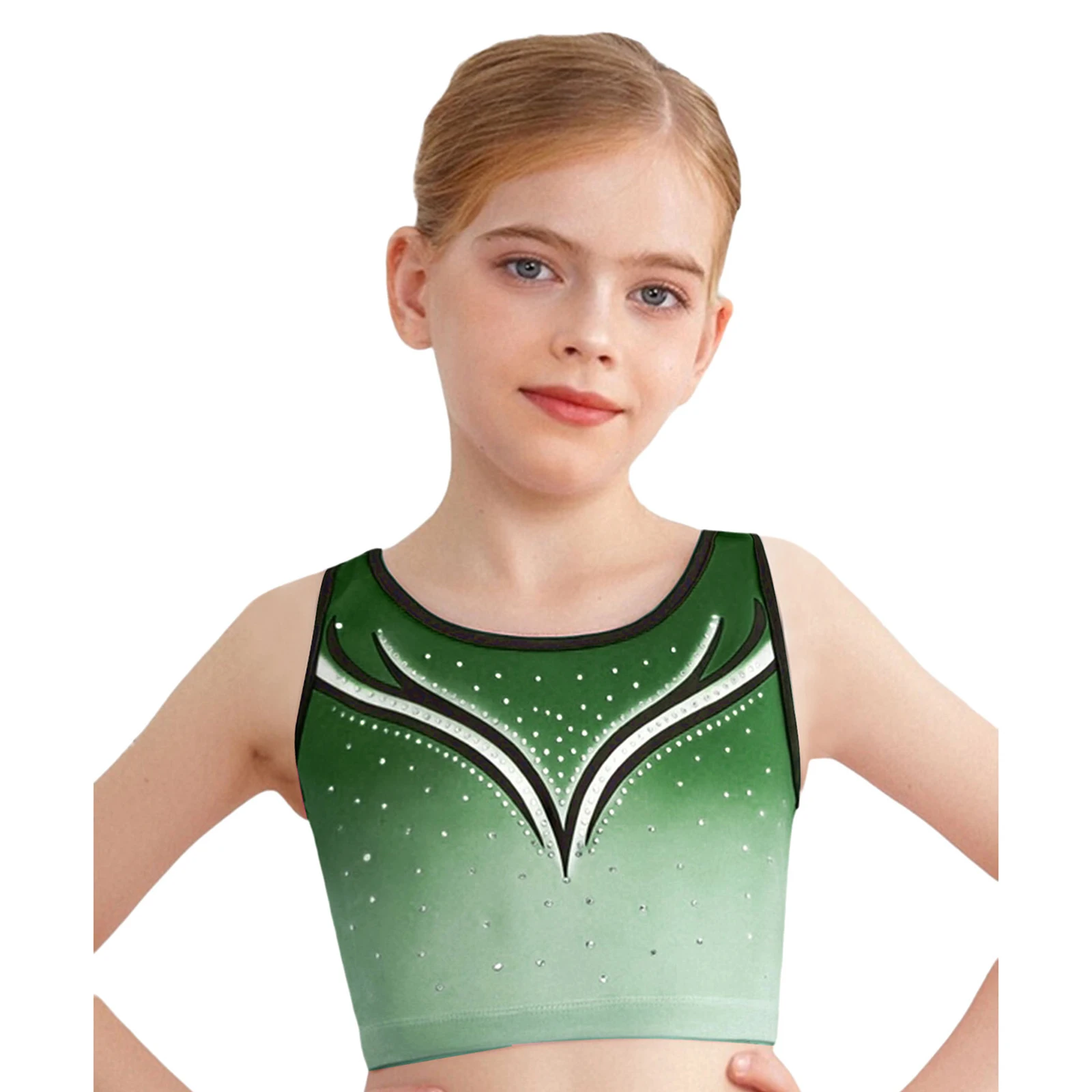 

Kids Girls Gymnastics Figure Skating Vest Ballet Dance Top Round Neck Sleeveless Sparkling Rhinestones Gradient Tank Crop Tops