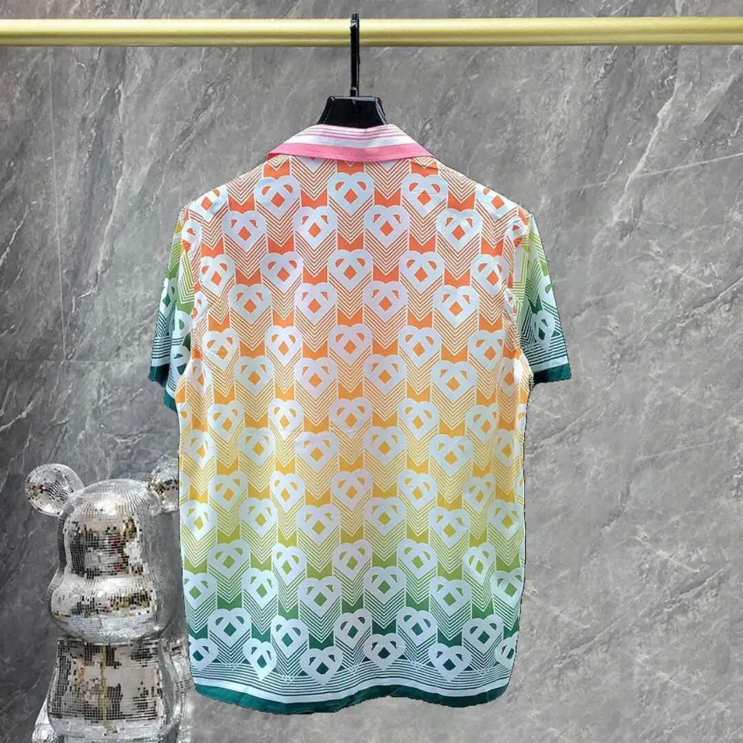 Gradient Heart Monogram Shirt 2024 Summer New Set Short Sleeved Shirt Fancy Print Casual Beach Holiday Chemise Homme