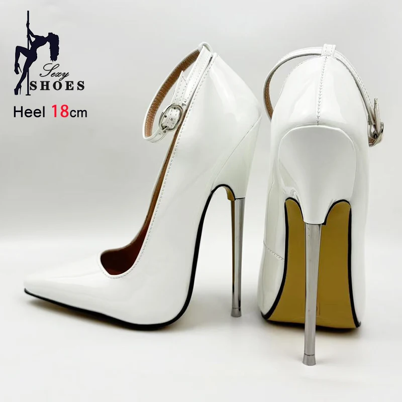 

Extreme High Heel 18CM Metal Stiletto Fetish Pointed Women Shoes White Ankle Buckle Sexy Woman Pumps Party Cross Dressing Shoes