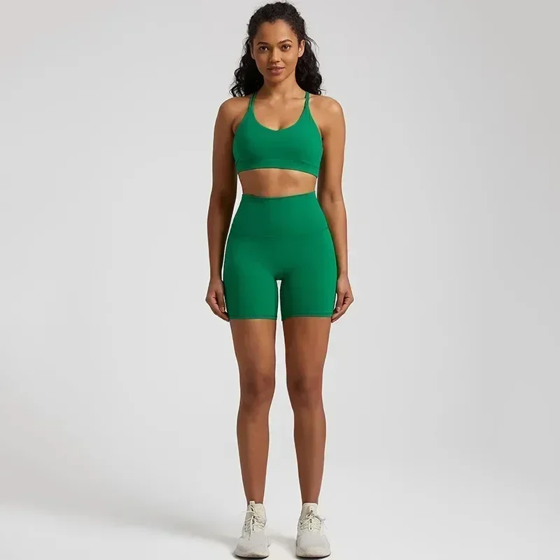 

Lemon Soft High Waist Shorts Cross Fitness Bra 2pc Short Legging Yoga Set Women Sport Suit Gym Workout Training Hollow Out